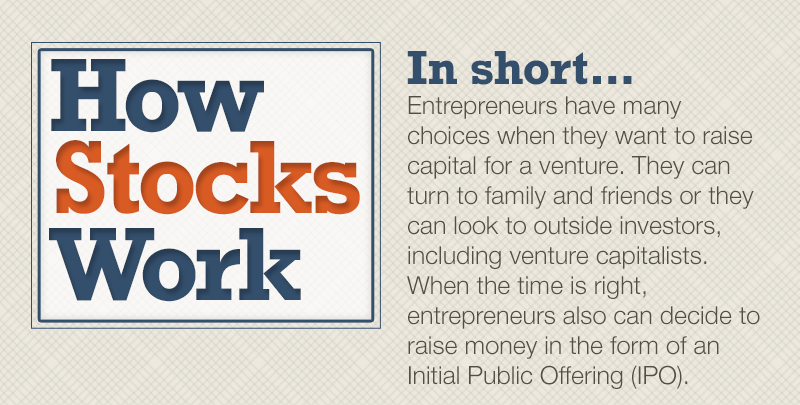 This is an educational infographic on how stocks work. It has seven sections on a blue background. The title reads: How Stocks Work.