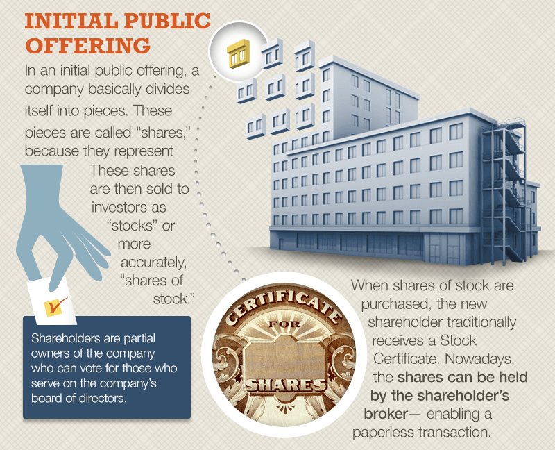 The first section, titled Initial Public Offering, explains that in an IPO a company divides itself into pieces called shares, which represent ownership in the company. These shares are then sold to investors as stocks. Shareholders are partial owners who can vote for the board of directors. Traditionally, shareholders received paper stock certificates, but today shares can be held electronically by brokers.